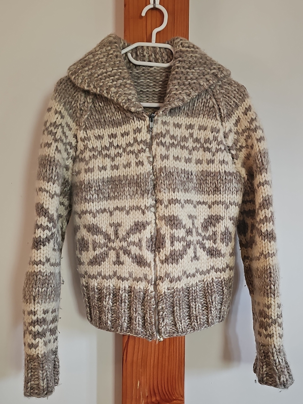 Handmade Chunky Knit Cowichan Shawl Collar Zip Sweater - Cream & Taupe